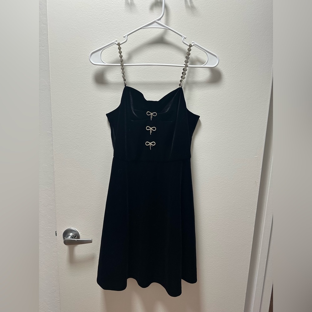 Small Elegant Black Dress with rhinestone Straps and bow details